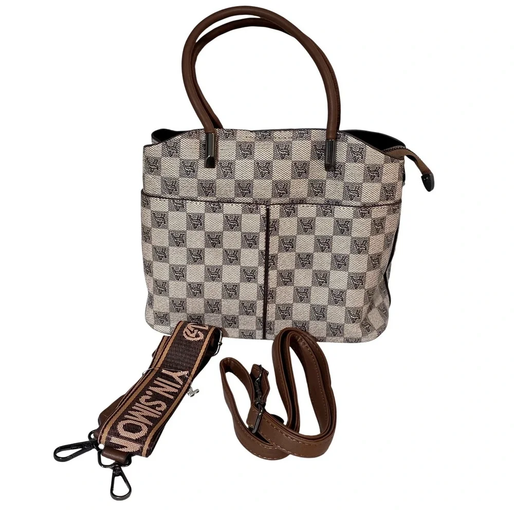 Yin.Sim Handbag Tote Bag Monogram Checkered Brown‎ Tan Shoulder Strap
